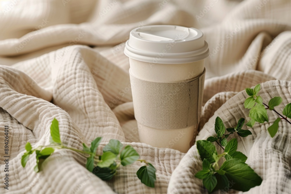 Reusable Coffee Cup with Eco-Friendly Sleeve on Cozy Blanket - Mockup for Sustainable Living Designs Reusable Coffee Cup with Eco-Friendly Sleeve on Cozy Blanket - Mockup for Sustainable Living Designs