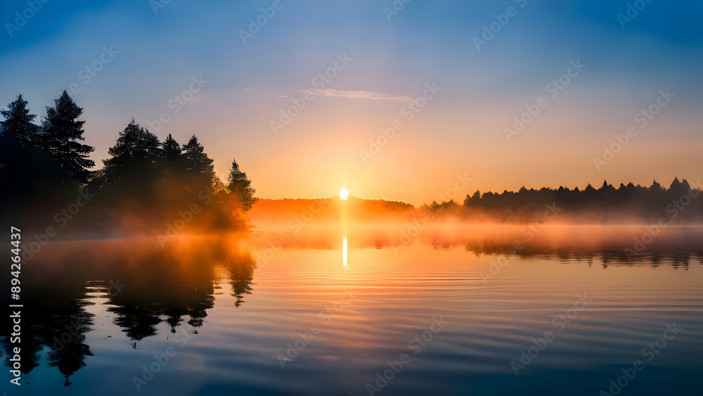 Obraz premium a-peaceful-morning-with-the-sun-rising-over-a-calm-lake-surrounded-by-mist-and-silhouetted-trees