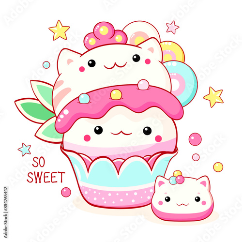 Cute cat-shaped dessert in kawaii style. Cake, muffin and cupcake with whipped cream and berry. Inscription So sweet. Can be used for t-shirt print, sticker, greeting card. Vector illustration EPS8