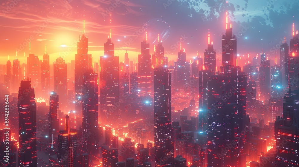 Fototapeta premium Pixelated digital illustration with opalescent hues and a radiant glow. neon lights and holograms on buildings, cyberpunk aesthetic, dark color grading, digital photography, double exposure, negative