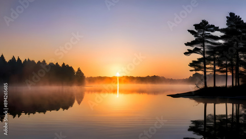 a-peaceful-morning-with-the-sun-rising-over-a-calm-lake-surrounded-by-mist-and-silhouetted-trees