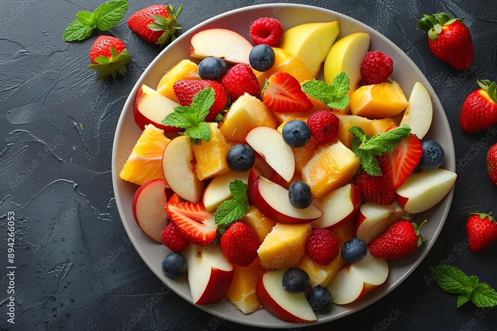 Fresh Summer Fruit Salad Arrangement with Strawberries, Apples, Pineapple, and Mint - Healthy Vitamin-Rich Snack Fresh Summer Fruit Salad Arrangement with Strawberries, Apples, Pineapple, and Mint - Healthy Vitamin-Rich Snack