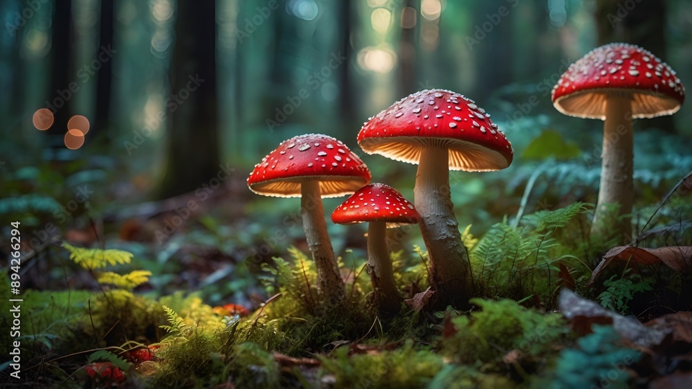 Fototapeta premium Captivating and mystical enchanted forest mushroom scene with vibrant red amanita fungi and whimsical bokeh in a lush, magical woodland habita
