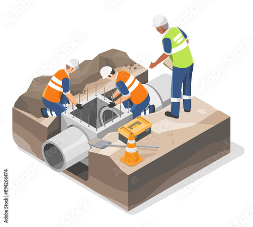 underground drainage and sanitation system construction labor worker and inspector civil engineer work together factory industrial concept isometric isolated cartoon