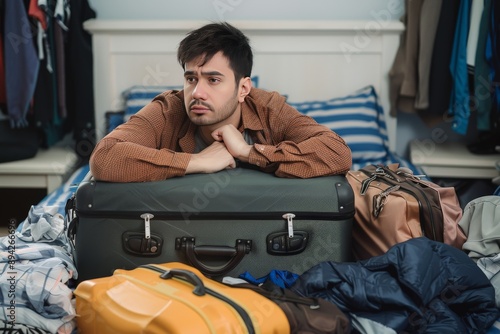 stressed man trying close overfilled suitcase bed photo