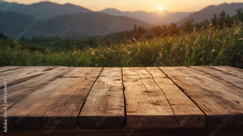 Sunset view of mountain landscape with wooden table in foreground. Perfect for showcasing products with serene natural backgrounds Sunset view of mountain landscape with wooden table in foreground. Perfect for showcasing products with serene natural backgrounds