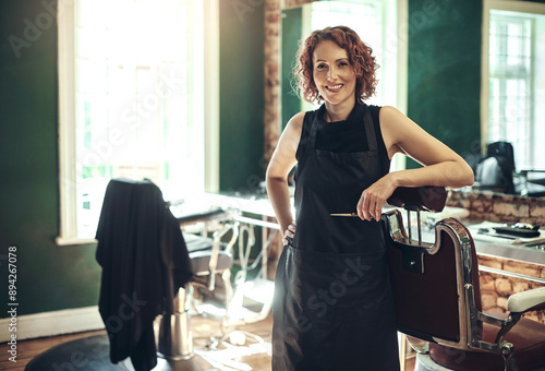 Fotografie Salon, confidence and portrait of happy woman in barbershop for stylist, hairdresser or small business owner