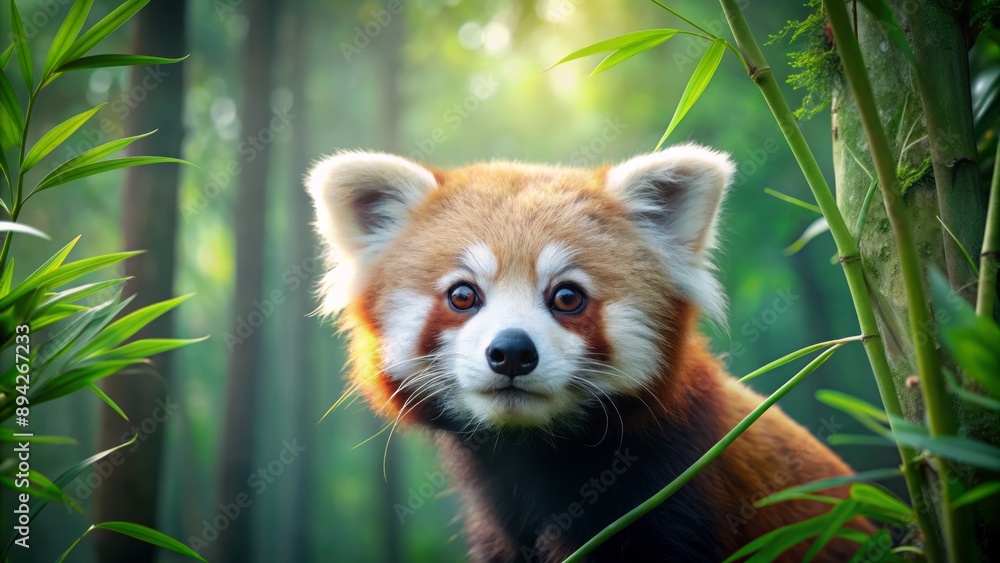 Fototapeta premium Adorable solitary red panda with black ears and white face peeks from behind lush green bamboo in misty forest habitat.