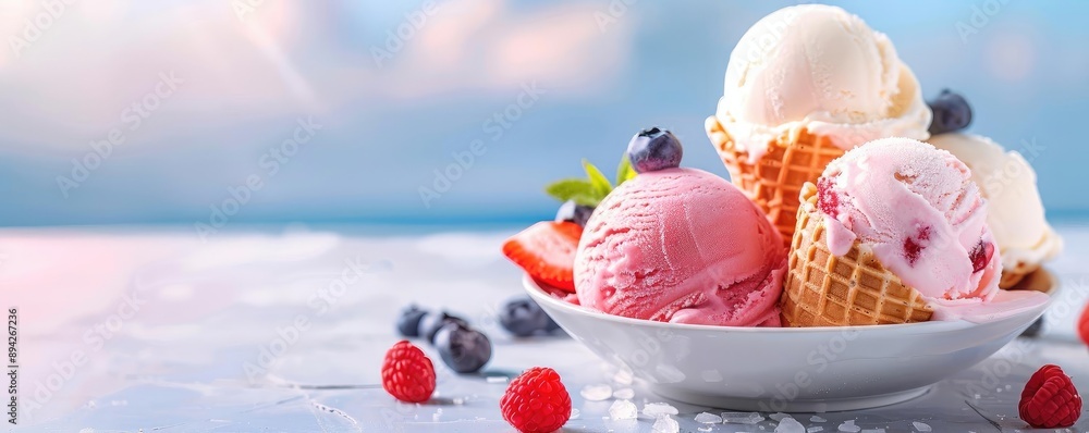 Assorted scoops of ice cream with cones in a bowl, complemented by fresh berries, set against a summery backdrop. Assorted scoops of ice cream with cones in a bowl, complemented by fresh berries, set against a summery backdrop.