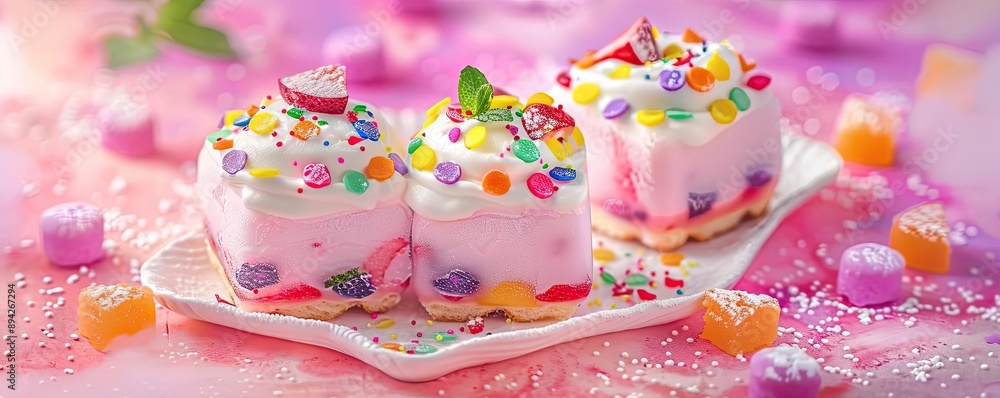 Colorful, whimsical dessert squares topped with candy and sprinkles on a plate, set against a pastel background. Colorful, whimsical dessert squares topped with candy and sprinkles on a plate, set against a pastel background.