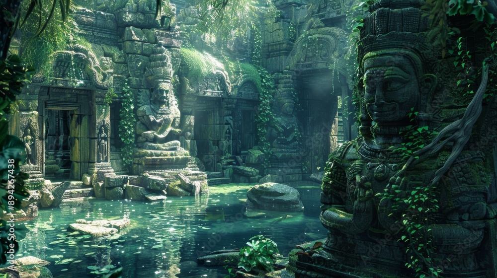 Obraz premium Ancient Temple Ruins Surrounded by Lush Vegetation and Serene Water Reflections