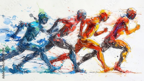 Abstract watercolor painting of four runners in motion. Summer Olympic Paris 2024, For artwork of leaflet, and poster design, wall art space,  website, and media decor, Commercial use, 300dpi photo