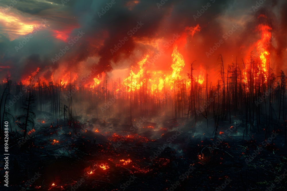 Intense Forest Fire at Dusk with Dense Smoke and Glowing Flames, Climate Change and Environmental Crisis Intense Forest Fire at Dusk with Dense Smoke and Glowing Flames, Climate Change and Environmental Crisis