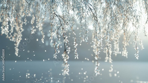 Delicate White Blossoms Cascading Over a Calm Water Surface