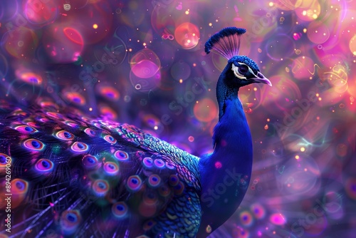 Vibrant Peacock Amidst Dreamy Bokeh Lights with Enchanting Colors