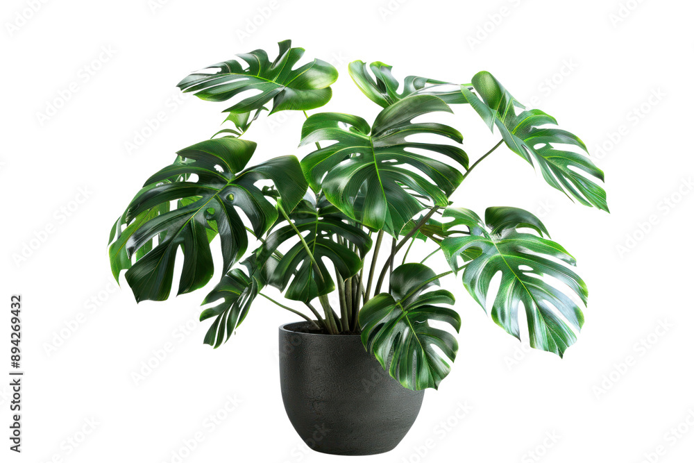 Evergreen Monstera deliciosa tree with large leaves. Grows in a clay pot. Isolated on white background.