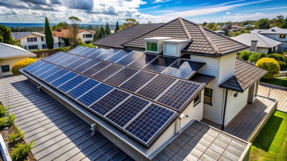 Rooftop solar array installation with sleek black photovoltaic panels and silver mounting frames on a modern suburban house roof. Rooftop solar array installation with sleek black photovoltaic panels and silver mounting frames on a modern suburban house roof.