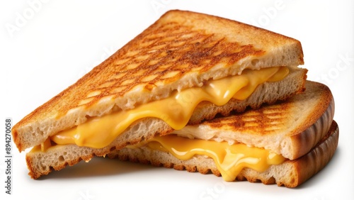Golden melted cheese between two crispy bread slices, cut diagonally, rests alone on a transparent background, tempting the viewer.