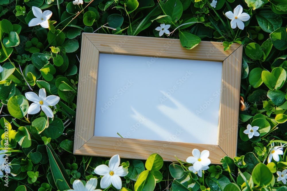 Wooden Photo Frame on Green Grass with White Flowers - Nature and Photography Display Wooden Photo Frame on Green Grass with White Flowers - Nature and Photography Display