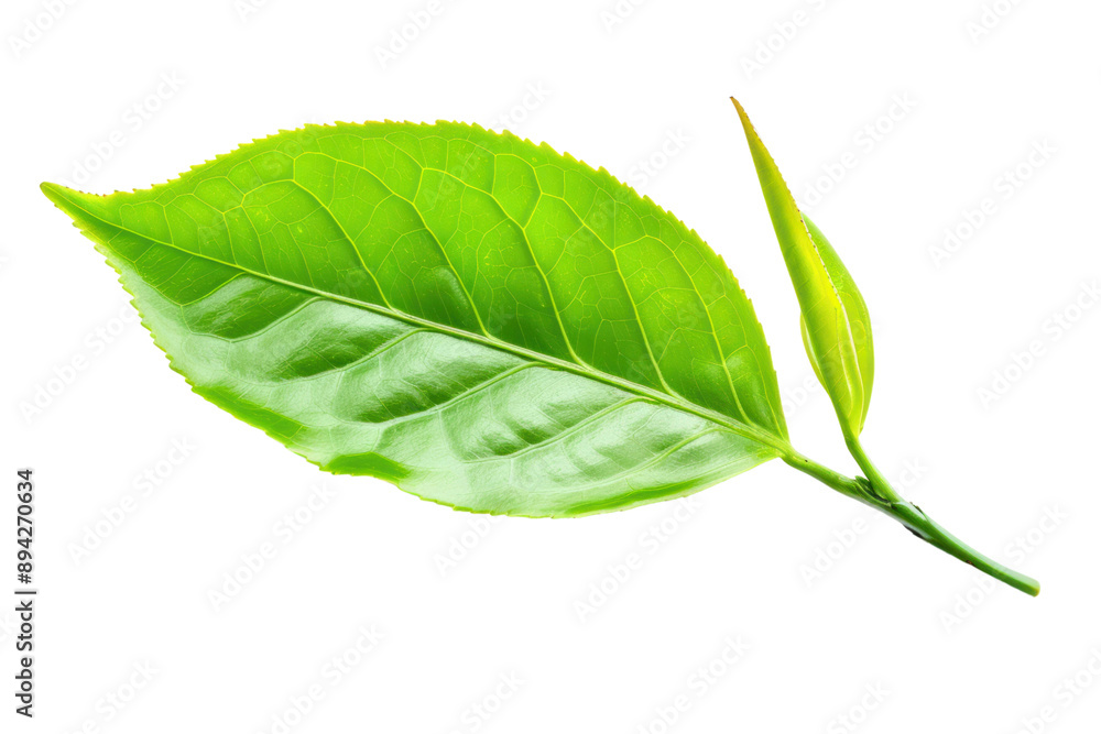 Obraz premium Realistic display of green tea leaves It has a surface that shimmers with a subtle sheen. Isolated on white background.