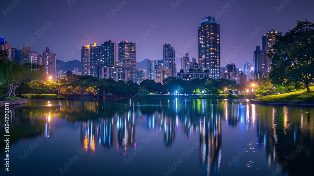Fototapeta premium lake in the city with tall building at background at night time