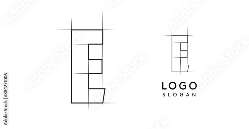 Letter E pencil drawn, architectural blueprint logo design, construction plan, technical drawing. Ideal for corporate branding, industrial projects, engineering firms. Vector illustration