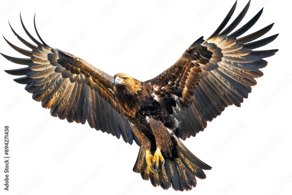 A majestic golden eagle soars through the clouds with its wings spread. Isolated on white background. A majestic golden eagle soars through the clouds with its wings spread. Isolated on white background.