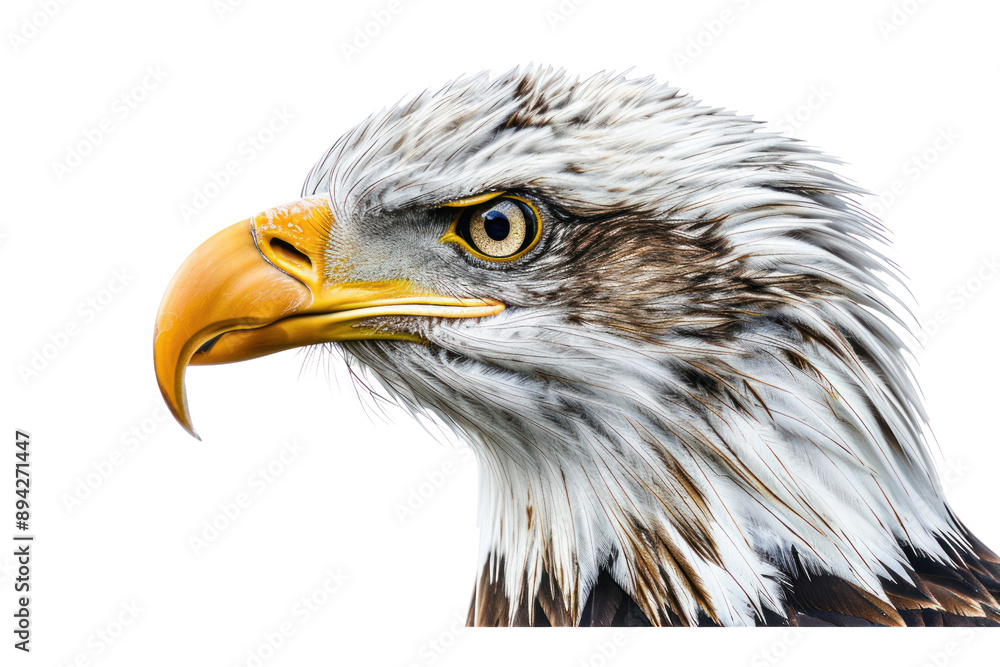Fototapeta premium A majestic golden eagle soars through the clouds with its wings spread. Isolated on white background.