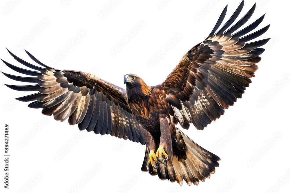 A majestic golden eagle soars through the clouds with its wings spread. Isolated on white background. A majestic golden eagle soars through the clouds with its wings spread. Isolated on white background.