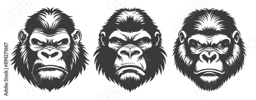 Black and white drawing of gorilla head with angry expression ,generative ai