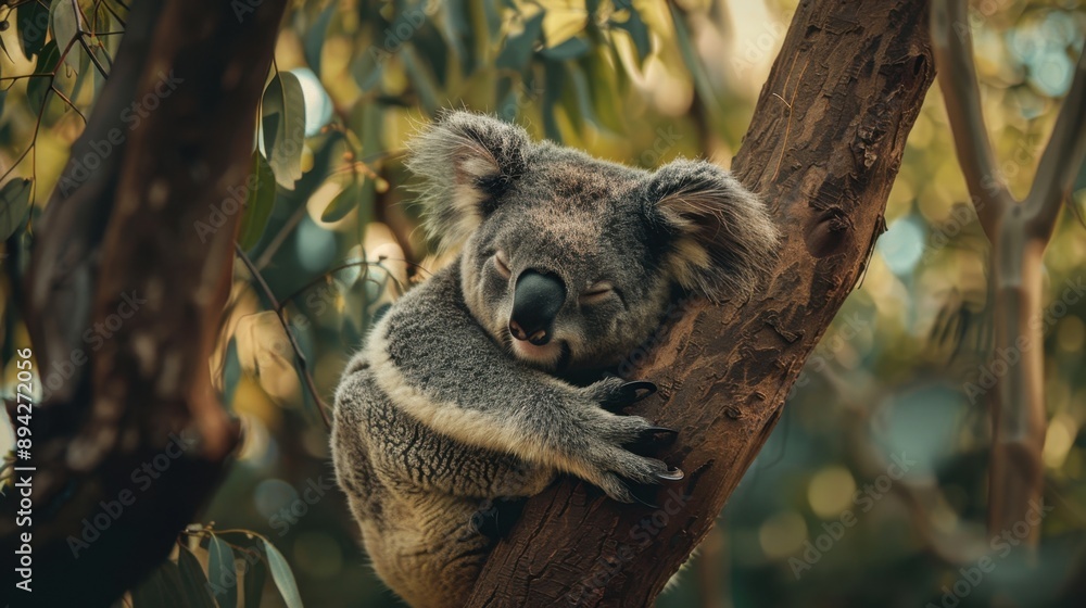 A small koala bear clinging to the branches of a tree, seemingly enjoying its natural habitat. A small koala bear clinging to the branches of a tree, seemingly enjoying its natural habitat.