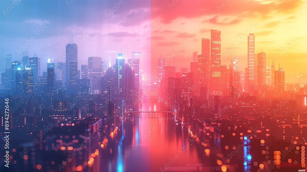 Gradient color palette creating a whimsical atmosphere with intricate details. neon lights and holograms on buildings, cyberpunk aesthetic, dark color grading, digital photography, double exposure, Gradient color palette creating a whimsical atmosphere with intricate details. neon lights and holograms on buildings, cyberpunk aesthetic, dark color grading, digital photography, double exposure,