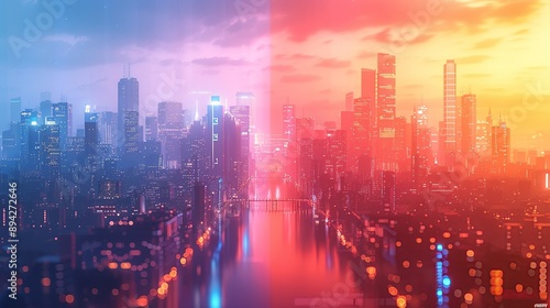 Wallpaper Mural Gradient color palette creating a whimsical atmosphere with intricate details. neon lights and holograms on buildings, cyberpunk aesthetic, dark color grading, digital photography, double exposure, Torontodigital.ca