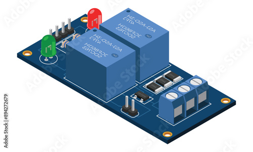 Isometric electronic board. Isometric printed circuit board with electronic components. Electronic components and integrated circuit board