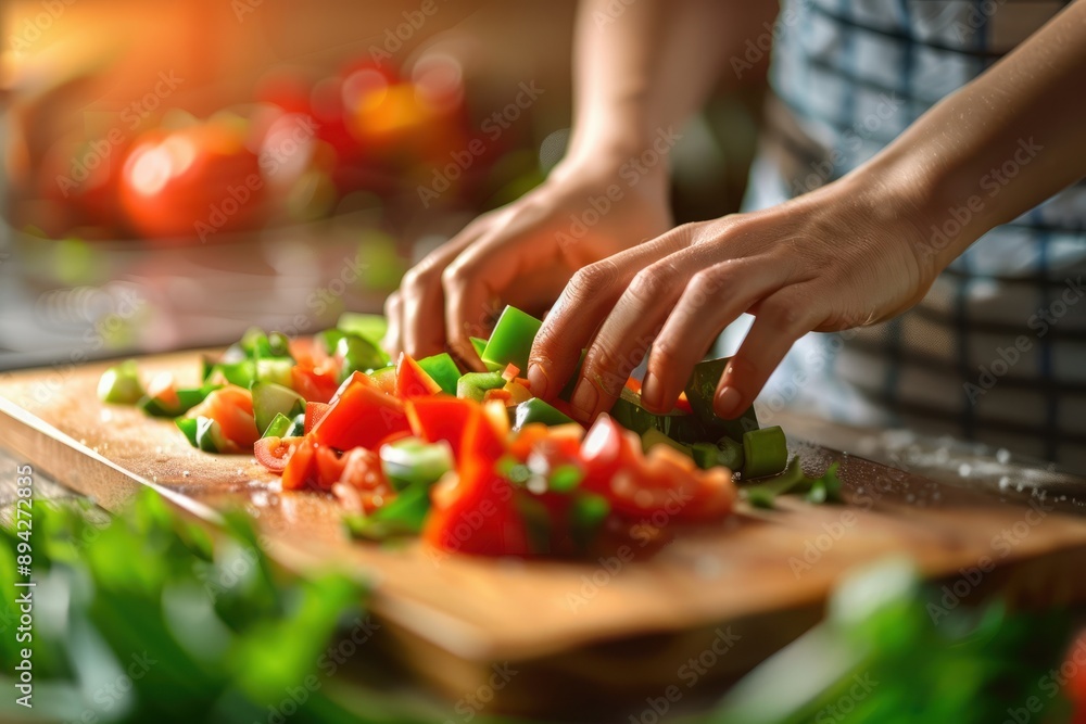 Hands chopping vegetables on wooden board, fresh ingredients Hands chopping vegetables on wooden board, fresh ingredients