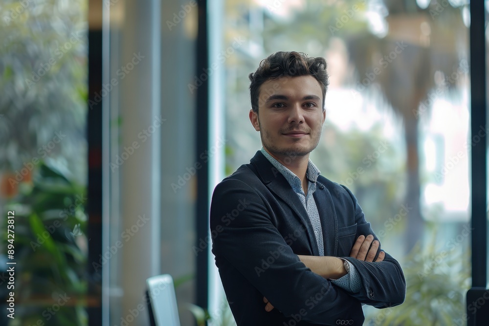 A young professional man in a suit poses confidently in an office environment, hands on his hips with a slight smile. A young professional man in a suit poses confidently in an office environment, hands on his hips with a slight smile.