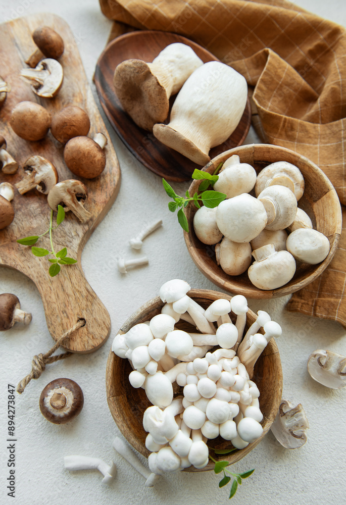 Assortment of various raw mushrooms on gray concrete background. Assortment of various raw mushrooms on gray concrete background.