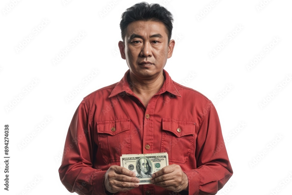 Male Asian farmer holding banknotes isolated full body shot. Male Asian farmer holding banknotes isolated full body shot.