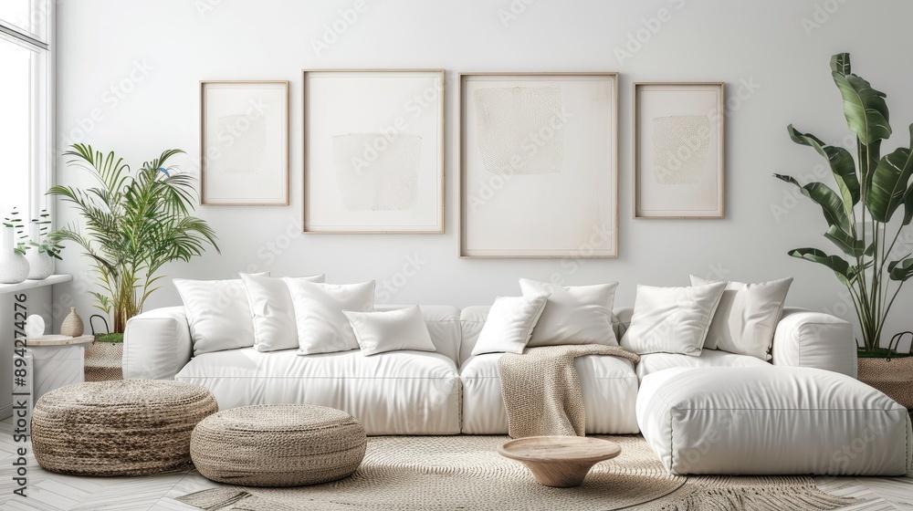 Naklejka premium Empty frames and a white wall in a modern boho living room.