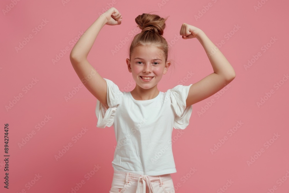 A young girl exudes confidence and strength as she poses with her arms flexed, showcasing a healthy lifestyle and dedication to physical fitness.
