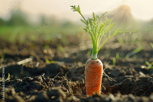 The first carrot sprouts in a freshly plowed field, symbolizing the start of spring harvests. photo