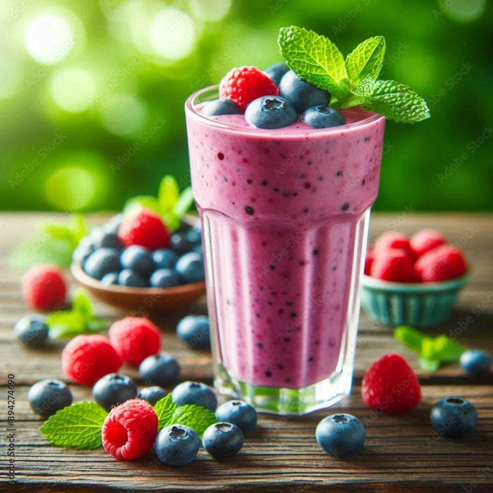 a cup of raspberry juice with berries and blueberries on a table. a cup of raspberry juice with berries and blueberries on a table.