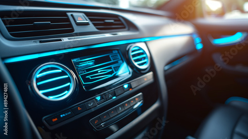 Futuristic car interior with illuminated dashboard and steering wheel.