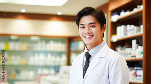 薬局で働く爽やかな笑顔の若いアジア人の男性薬剤師