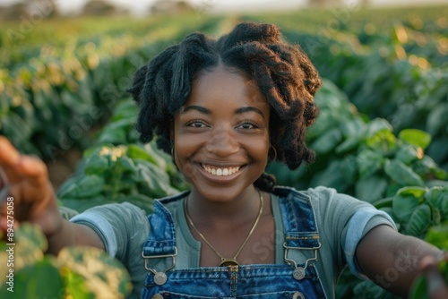 Black woman farmer takes selfie after checking plants outdoors.