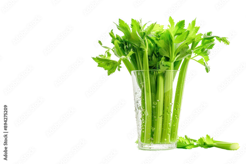 Fresh celery stalks arranged in a glass vase Isolated on white background. Fresh celery stalks arranged in a glass vase Isolated on white background.