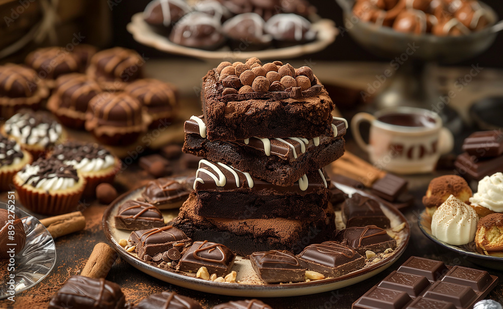 Assortment of chocolate desserts and coffee on a table. Assortment of chocolate desserts and coffee on a table.
