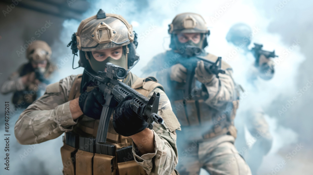 Group of armed soldiers in tactical gear advancing through smoke during combat or training exercise, with a soldier in the foreground aiming a rifle. Group of armed soldiers in tactical gear advancing through smoke during combat or training exercise, with a soldier in the foreground aiming a rifle.