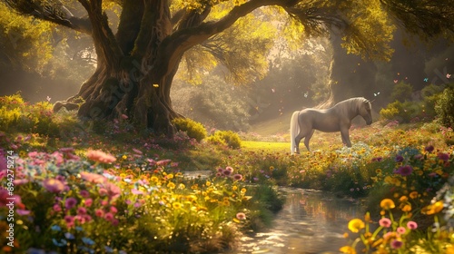 Enchanted Meadow with Unicorn, Vibrant Flowers, and Majestic Tree for Fantasy Game Design or Poster Art