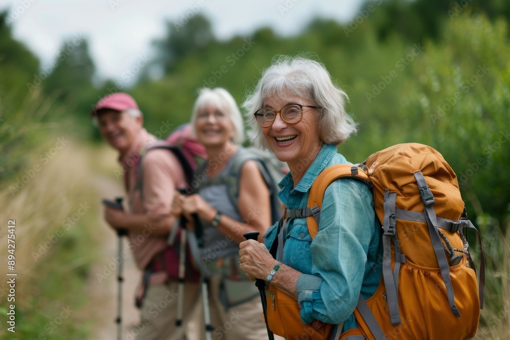 Seniors enjoying a hiking adventure in a lush, green forest, featuring a group of elderly people of European descent. The focus is on an elderly woman in the foreground smiling, Concept: senior hiking Seniors enjoying a hiking adventure in a lush, green forest, featuring a group of elderly people of European descent. The focus is on an elderly woman in the foreground smiling, Concept: senior hiking
